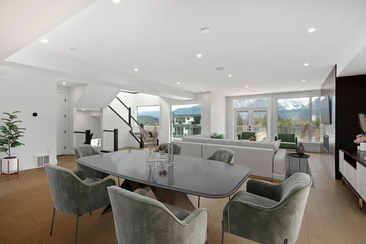 Dining room with stairway, recessed lighting, and light wood finished floors
