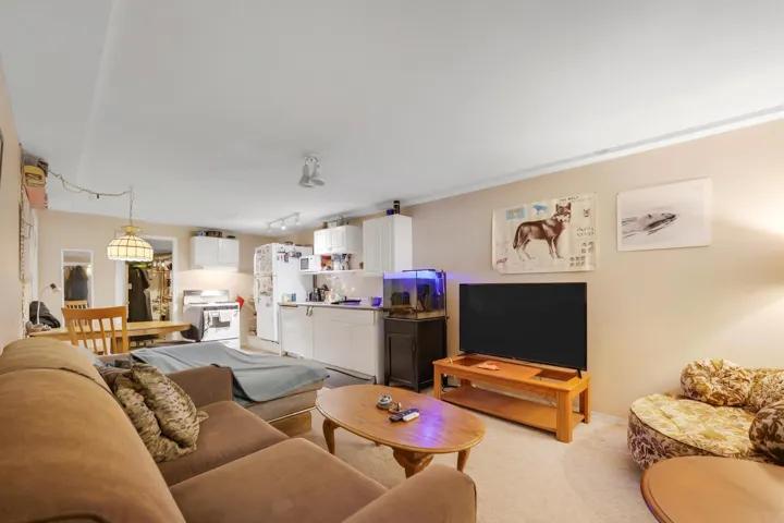 Living room featuring light carpet