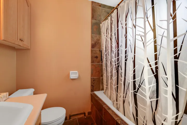 Bathroom with tiled shower / bath combo, toilet, and vanity
