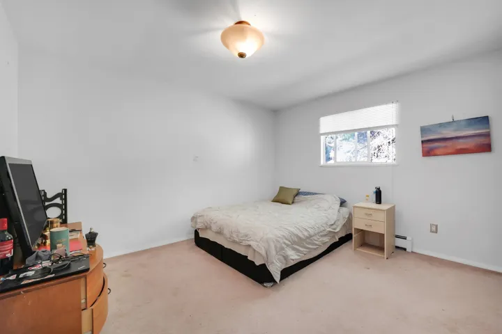 Bedroom featuring a baseboard radiator, light carpet, and baseboards