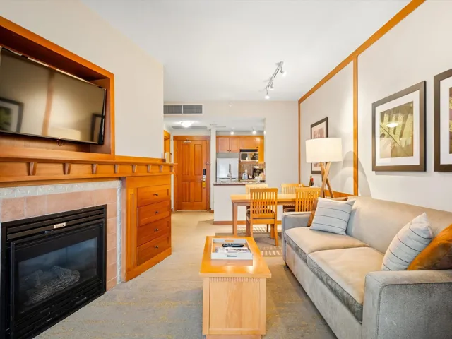 Carpeted living area with a tiled fireplace, visible vents, and rail lighting