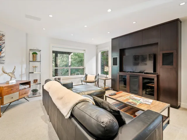 Living area featuring recessed lighting, visible vents, and light carpet