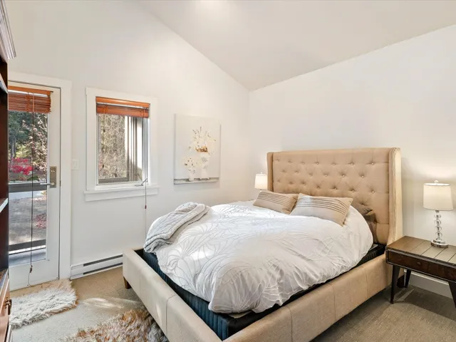 Carpeted bedroom featuring high vaulted ceiling, access to outside, and a baseboard radiator