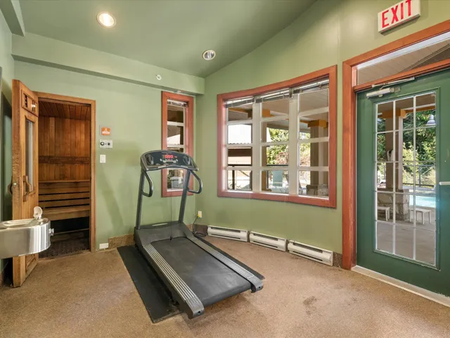 Exercise room with carpet floors, a baseboard radiator, a healthy amount of sunlight, and lofted ceiling
