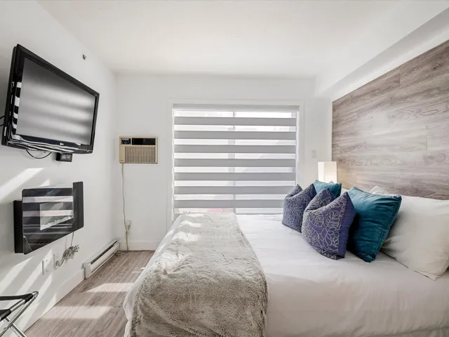 Bedroom featuring a wall mounted AC, a baseboard radiator, wood finished floors, and baseboards