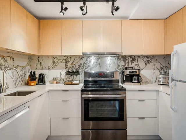 Kitchen with dishwashing machine, under cabinet range hood, a sink, freestanding refrigerator, and stainless steel electric range oven
