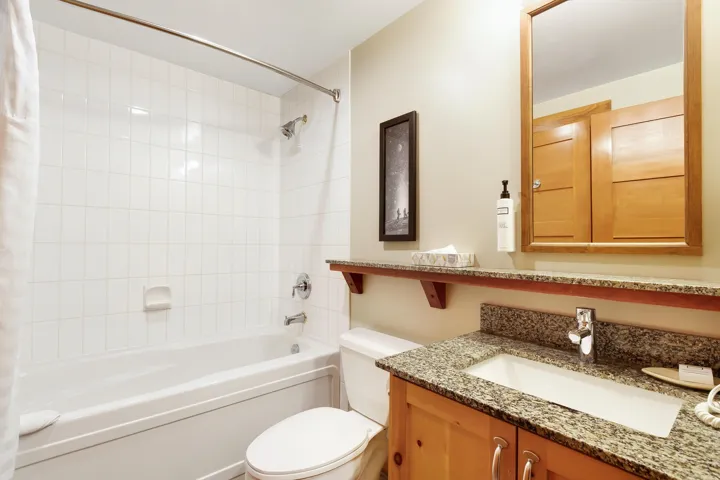 Full bathroom with toilet, shower / bath combination with curtain, and vanity