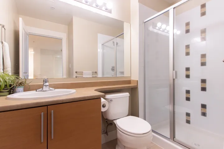 Full bath featuring toilet, a shower stall, and vanity