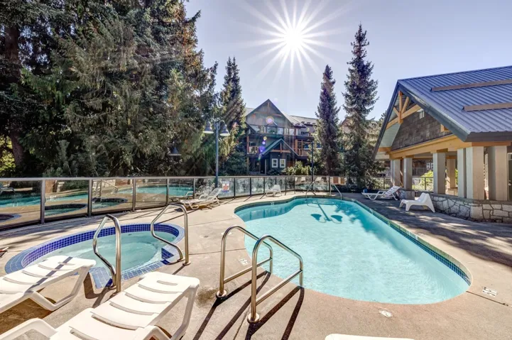 Outdoor swimming pool with integrated hot tub, surrounded by mature evergreen trees