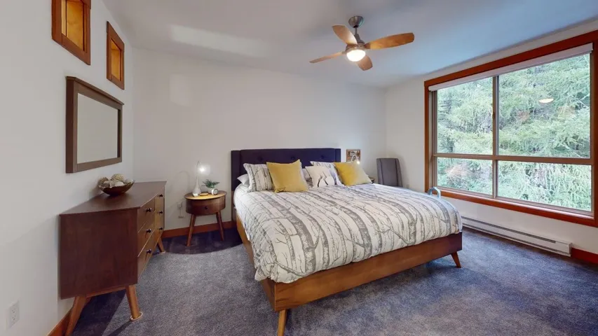 Carpeted bedroom with a baseboard radiator and a ceiling fan