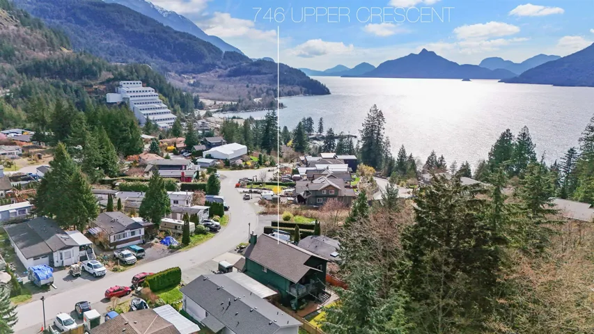 Aerial perspective of suburban area with a water and mountain view