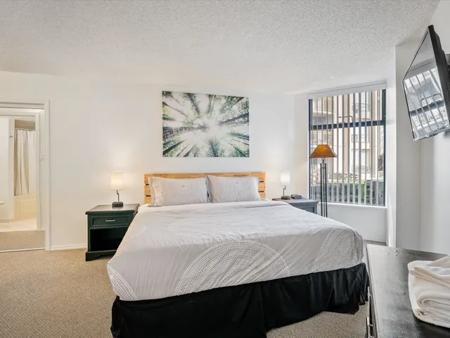 Bedroom featuring a textured ceiling, carpet, and connected bathroom