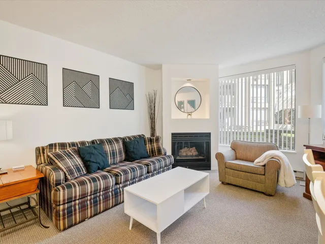 Carpeted living area featuring a glass covered fireplace, a textured ceiling, and a baseboard heating unit