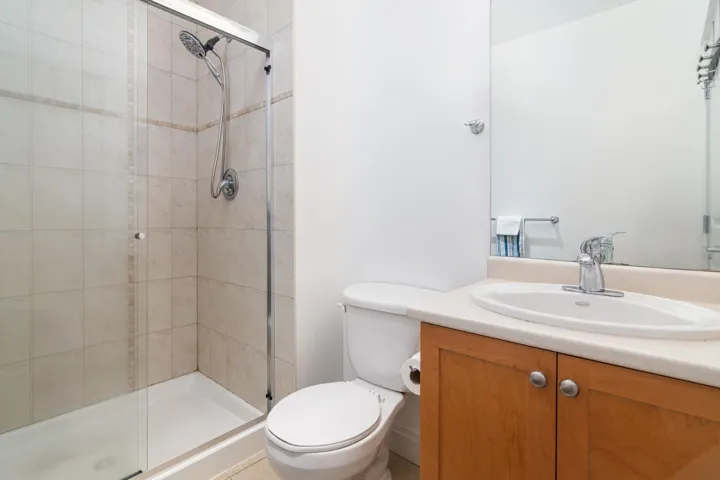 Bathroom with toilet, a stall shower, and vanity