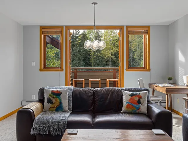 Carpeted living area featuring healthy amount of natural light, a chandelier, and a baseboard heating unit