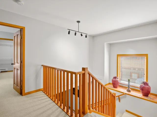 Staircase featuring carpet flooring and track lighting