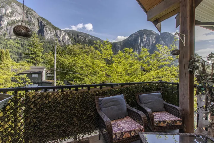 Outdoor balcony with mountain backdrop