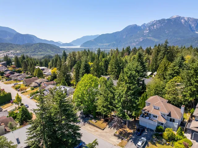 Aerial perspective of suburban area with a mountain backdrop