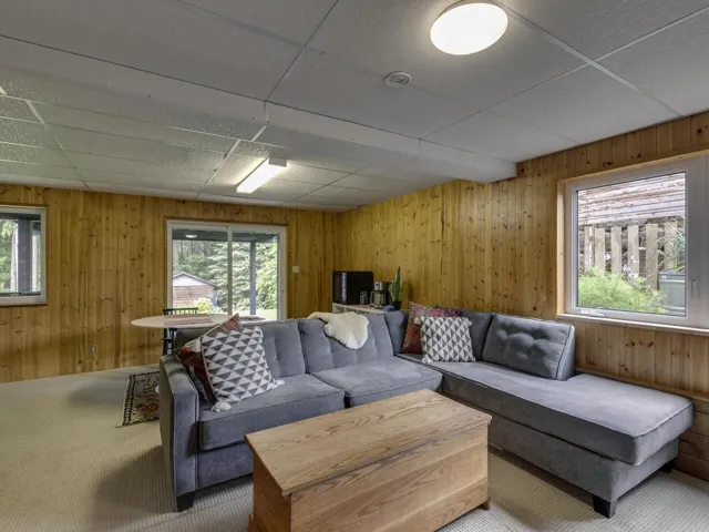 Living room featuring carpet, wood walls, and a drop ceiling