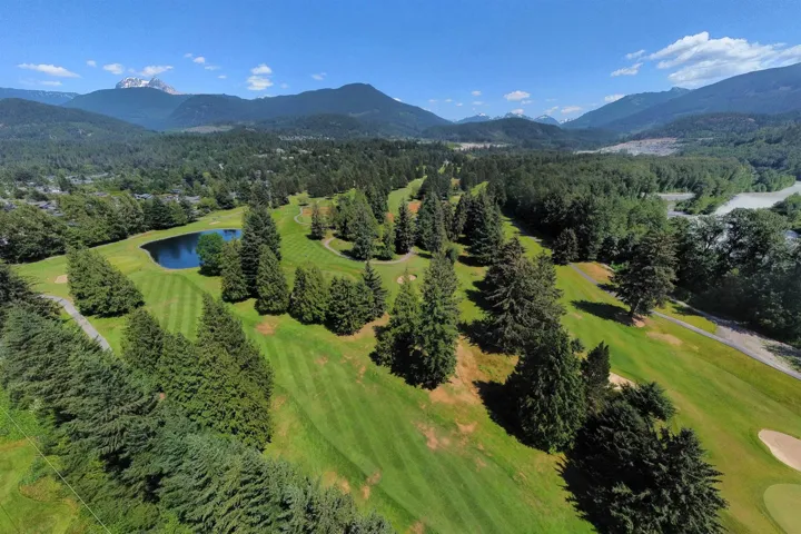 Bird's eye view of a water and mountain view and a golf course