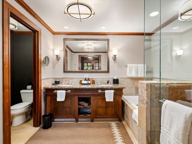 Bathroom with vanity, crown molding, a wainscoted wall, toilet, and a garden tub