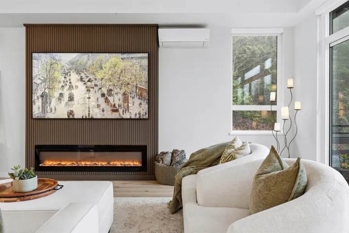 Featuring custom built in electric fireplace.