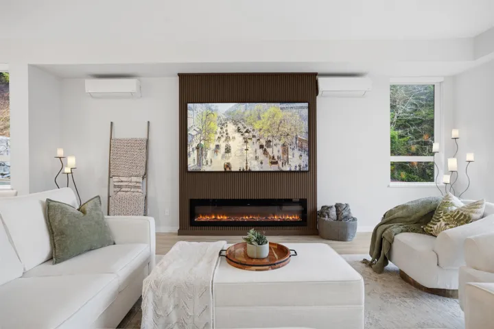 Featuring custom built in fireplace.