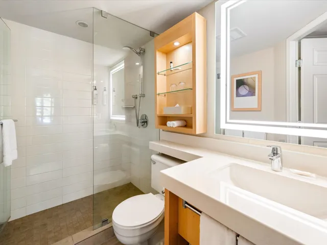 Bathroom with a walk in shower and vanity