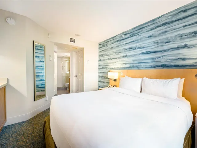 Bedroom featuring wallpapered walls, an accent wall, connected bathroom, and dark carpet