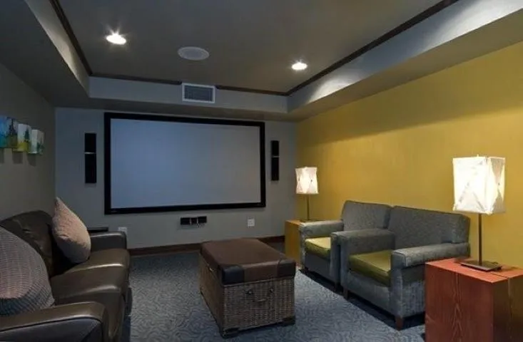 Carpeted cinema room with a raised ceiling and recessed lighting