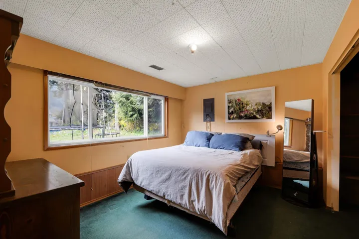 Bedroom with wooden walls and dark carpet