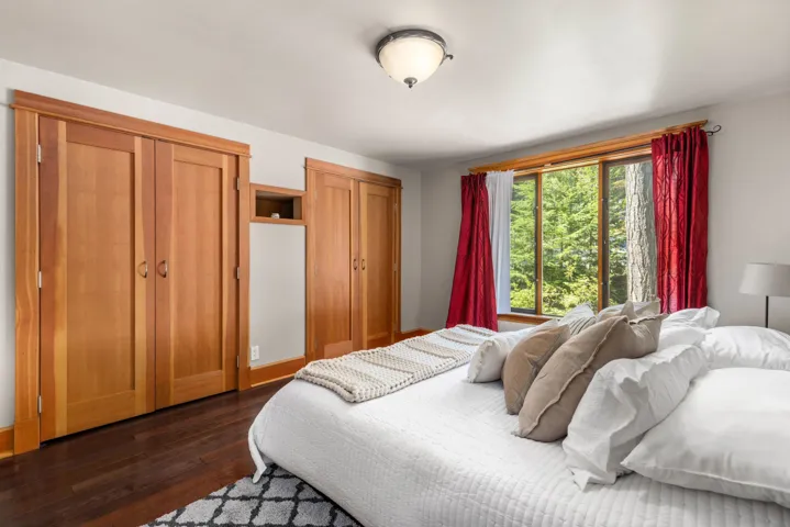 Bedroom featuring dark wood finished floors and two closets