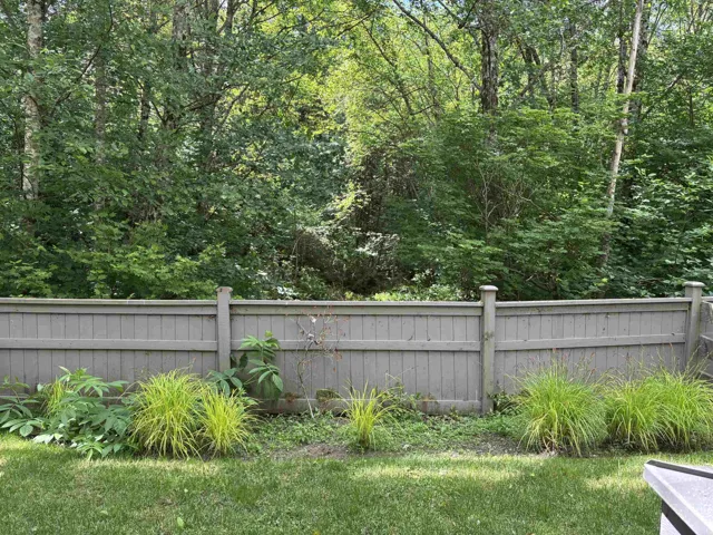 Manicured lawn with a privacy fence and mature trees