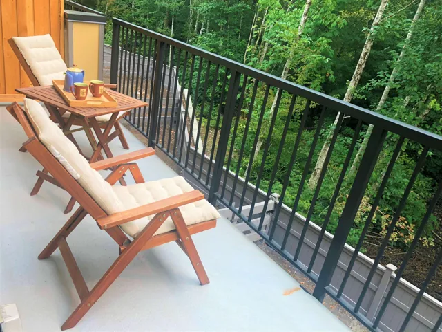 Balcony featuring a black metal railing and a wood-paneled exterior wall