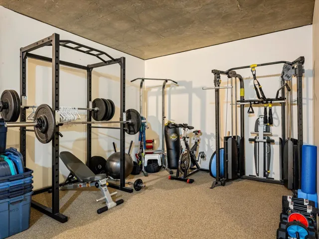 Workout area featuring carpet flooring