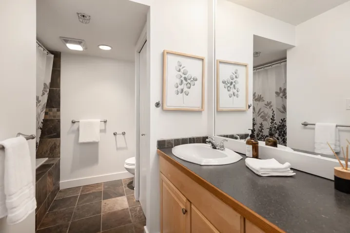Bathroom with vanity, stone finish floors, and curtained shower