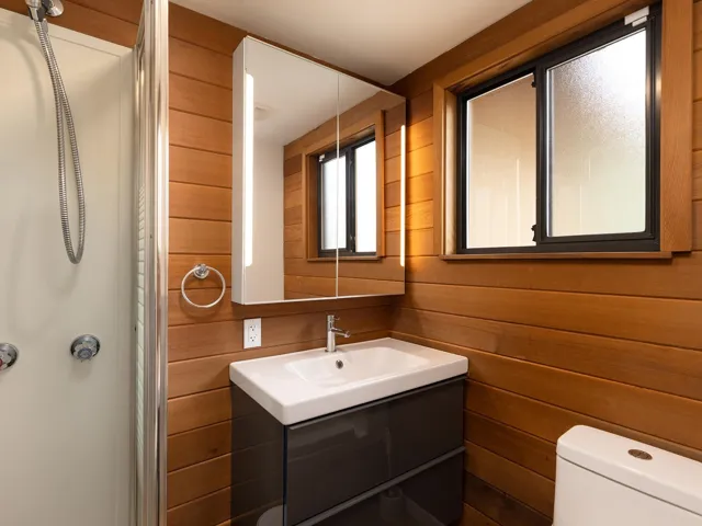 Bathroom featuring wooden walls and vanity
