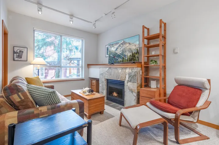 Living area featuring a stone-clad fireplace with hearth, a large window with blinds, and track lighting