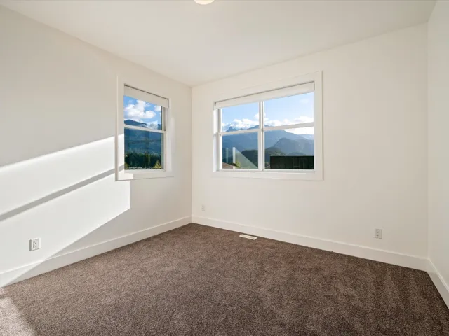 Empty room with dark carpet and a mountain view