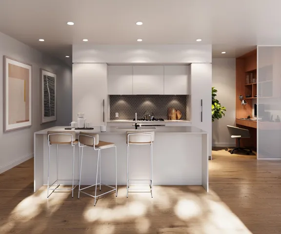 Contemporary kitchen featuring a large island with seating, flat-panel cabinetry, geometric tile backsplash, and recessed lighting