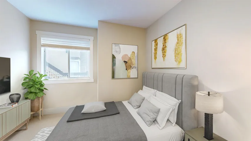 Virtually staged with furniture bedroom featuring light carpet