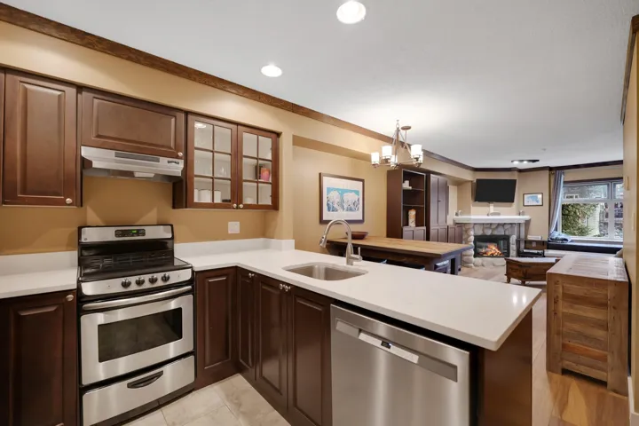 Kitchen with stainless steel appliances, a peninsula, a fireplace, dark wood finish cabinets, and hanging lights