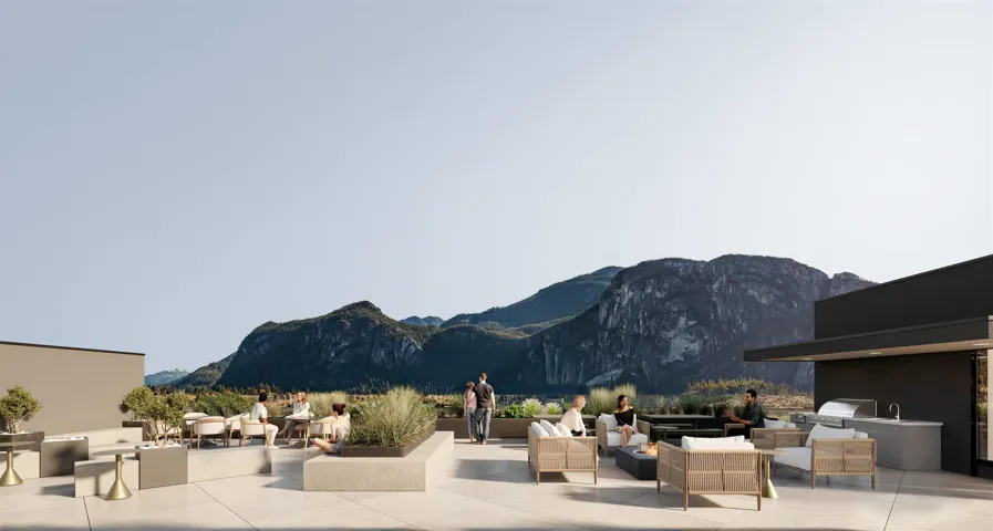 Expansive rooftop terrace featuring a complete outdoor kitchen, integrated planters with mature landscaping, and multiple defined seating areas