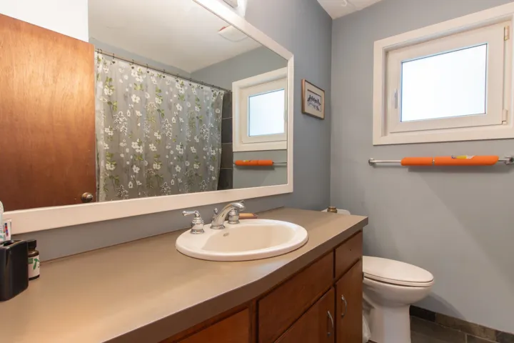 Full bathroom featuring toilet, curtained shower, and vanity