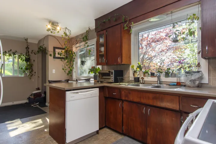 Kitchen featuring light countertops, decorative backsplash, a sink, and dishwasher