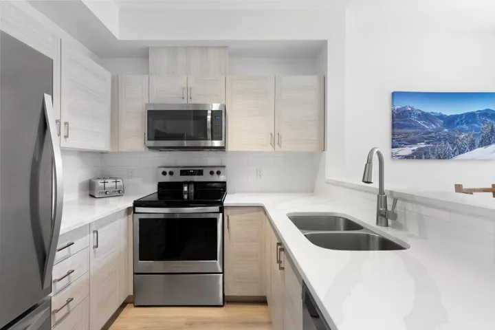 Kitchen featuring tasteful backsplash, light wood-style flooring, modern cabinets, stainless steel appliances, and a sink