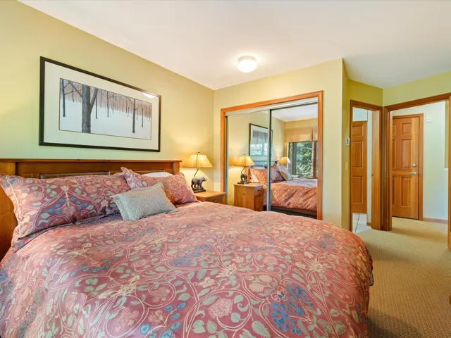 Carpeted bedroom with a closet