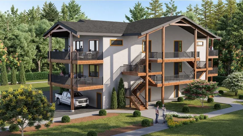 Multi-level property featuring extensive outdoor decking with dark railings, exposed wood structural elements, and multiple exterior staircases