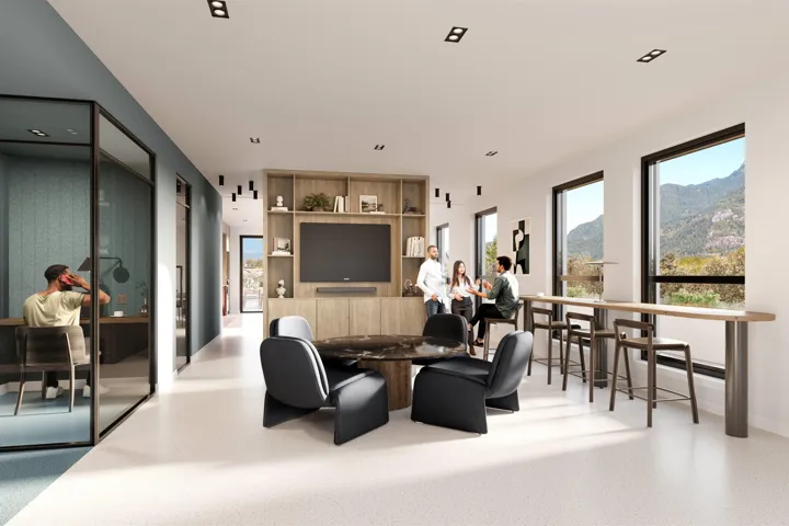 Open-concept common area featuring built-in media cabinetry, recessed lighting, and expansive windows
