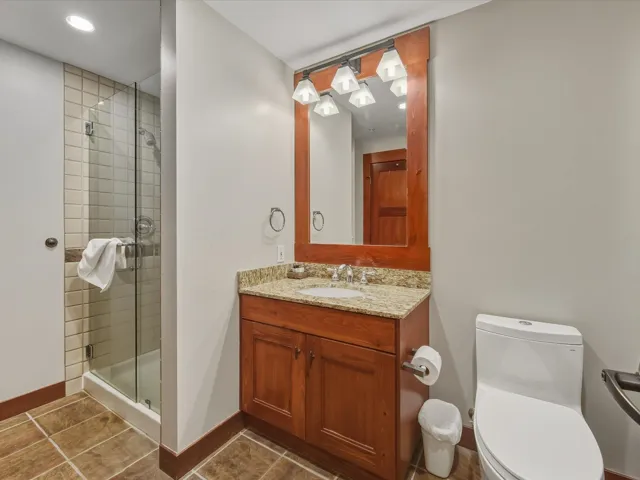 Bathroom with a shower stall, vanity, recessed lighting, and dark tile patterned flooring